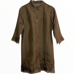 Vintage Anne Carson 100% Silk Shirt Dress Button Up Mesh Floral Embroidered L